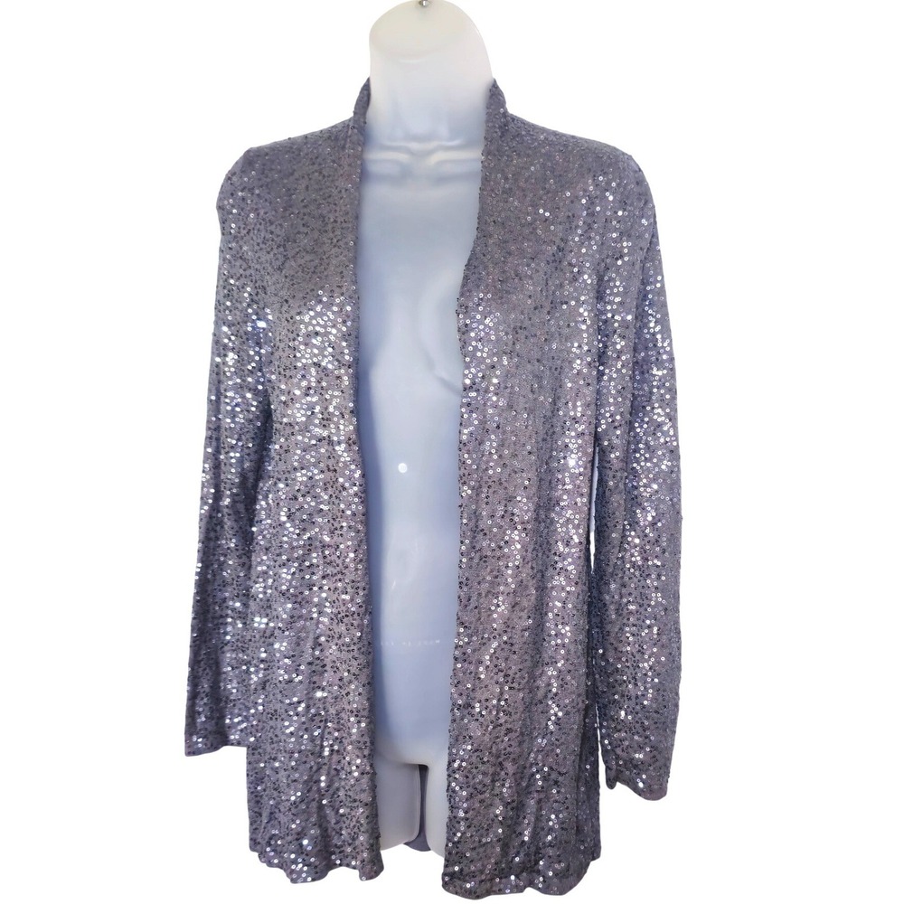Eileen Fisher Petite Silk Blend Sequin Open Front Cardigan PS Gray Silver